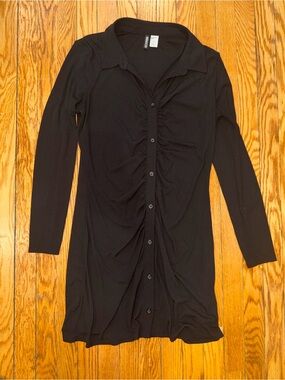 H&M Black Long-Sleeve Ruched Button-Front Dress